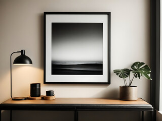 Mockup poster frame on the wall of living room. Luxurious apartment background with contemporary design. wooden sideboard, white sofa, green stand, base with leaves, plants, and stylish lamp