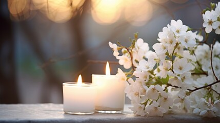 beautiful white flowering branch and 3 white candle lights outside in a garden, floral concept with burning candles decoration for contemplative athmosphere background - obrazy, fototapety, plakaty