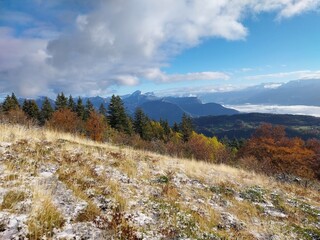 Randonn&eacute;e le 11/11/2023 dans le Vercors avec les premi&egrave;res neiges, sur le plateau de la Moli&egrave;re, France