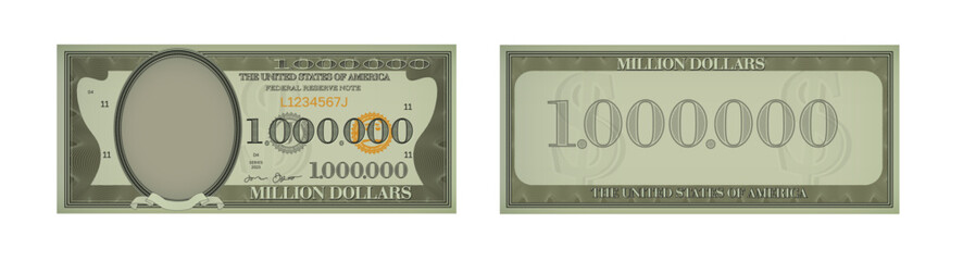 One million dollar banknote template. US fake fake cash note. Game joke money million dollar - obrazy, fototapety, plakaty