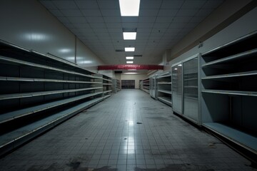 Obraz premium A haunting portrayal of an abandoned supermarket, where barren shelves and silent corridors tell a tale of once bustling commerce now silenced by time and circumstance,
