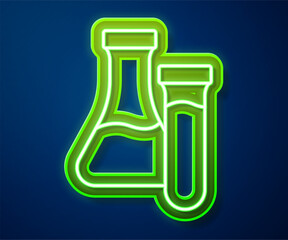 Glowing neon line Test tube and flask chemical laboratory test icon isolated on blue background. Laboratory glassware sign. Vector