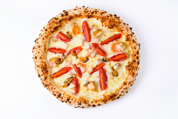 pizza with chicken breast, mushrooms and vegetables on a white background