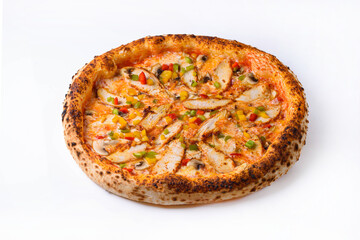 pizza with chicken breast, mushrooms and vegetables on a white background