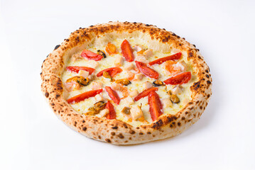 pizza with chicken breast, mushrooms and vegetables on a white background