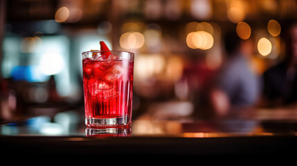 Red cocktail with blurred bar background, empty copy space
