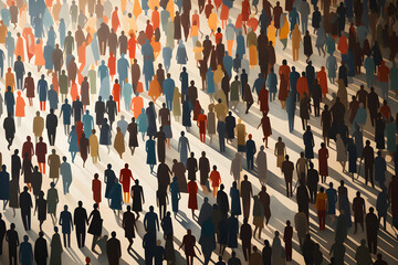 A large crowd of diverse people in paper cut-out style,