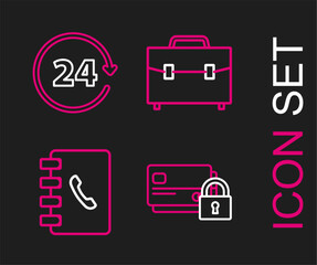 Set line Credit card with lock, Address book, Briefcase and Clock 24 hours icon. Vector