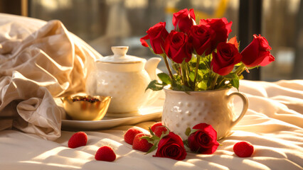 Romantic breakfast in bed and a bouquet of red roses, Valentine's day concept