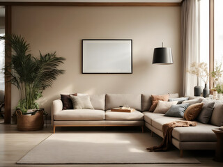 Mockup poster frame on the wall of living room. Luxurious apartment background with contemporary design. wooden sideboard, white sofa, green stand, base with leaves, plants, and stylish lamp