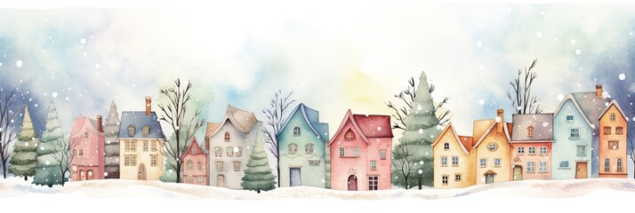 Whimsical Watercolor Winter Scene - Town Illustration. - obrazy, fototapety, plakaty