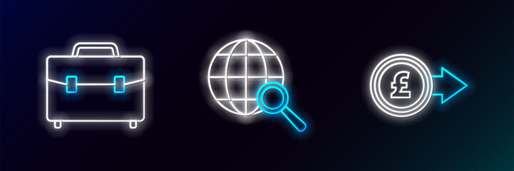 Set line Coin money with pound sterling symbol, Briefcase and Magnifying glass globe icon. Glowing neon. Vector