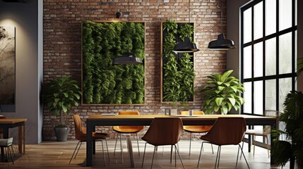 Office interior design industrial brick wall plants 