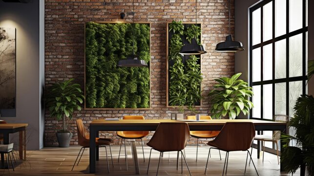 Office Interior Design Industrial Brick Wall Plants 