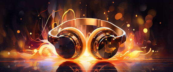 music world banner, modern headphones stand on a background with golden lights, in oil painting style.
