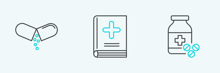 Fototapeta premium Set line Medicine bottle and pills, or tablet and Medical book icon. Vector
