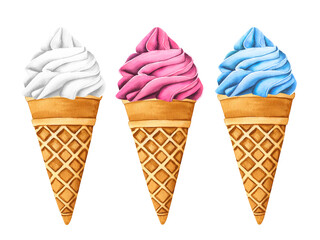 Set ice creams. Sweet summer dessert, gelato with different tasties, ice-cream cone and popsicle. Watercolor illustration street frozen fast food for postcards, design, print