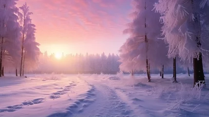 Foto auf Leinwand winter panorama landscape with forest, trees covered snow and sunrise. winterly morning of a new day. purple winter landscape with sunset, panoramic view © idaline!