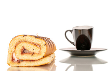 One sweet cherry roll with ceramic cup and saucer, macro, isolated on white background.