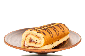 One sweet cherry roll on a clay plate, macro, isolated on white background.