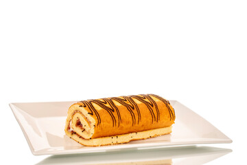 One sweet cherry roll on white ceramic plate, macro, isolated on white background.
