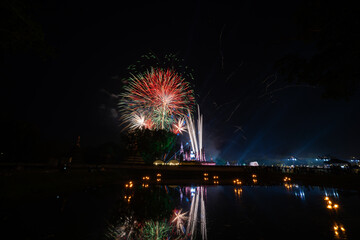 Fireworks at Sukhothai Province in the north of Thailand during the Loi Krathong Light and Candle Burning Festival and New Year
