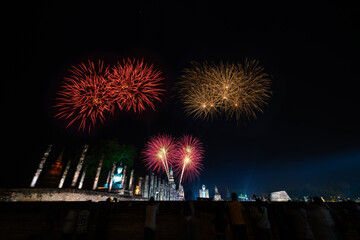 Fireworks at Sukhothai Province in the north of Thailand during the Loi Krathong Light and Candle Burning Festival and New Year