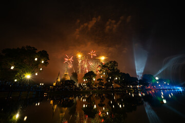 Fireworks at Sukhothai Province in the north of Thailand during the Loi Krathong Light and Candle Burning Festival and New Year
