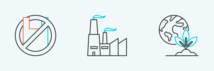 Set line Earth globe and plant, Say no to plastic bags poster and Factory icon. Vector