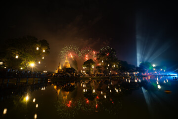 Fireworks at Sukhothai Province in the north of Thailand during the Loi Krathong Light and Candle Burning Festival and New Year