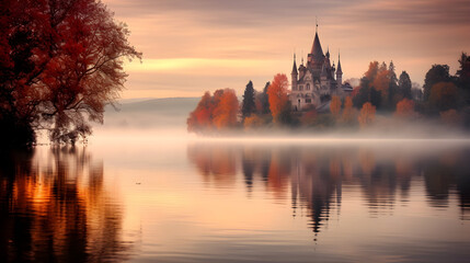 Fototapeta na wymiar Lake with island and castle in europe on early morning with morning fog on the water surface