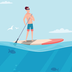 Man on surfboard. outdoor horizont illustration of sea landscape with man surfing