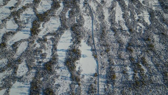 Aerial footage over a frozen swamp partially white. Nature in winter