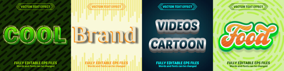 Bundle of 3d Cool & Brand & Videos & Cartoon & Food editable text effect design vectors. Set of editable text effect designs. Modern editable text effect vector design. Happy hallo ween theme