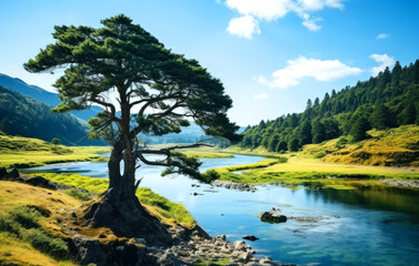 Beautiful summer landscape with a lonely tree on top of a mountain and a lake