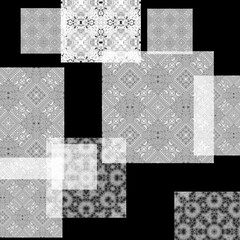 Black and white abstract geometric background with textured squares.