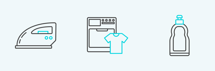 Set line Plastic bottles for liquid dishwashing liquid, Electric iron and Washer and t-shirt icon. Vector