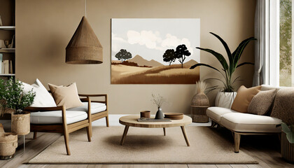 Suburban chic, Neutral tones, suburban landscapes on canvas, and cozy, oversized furniture.
