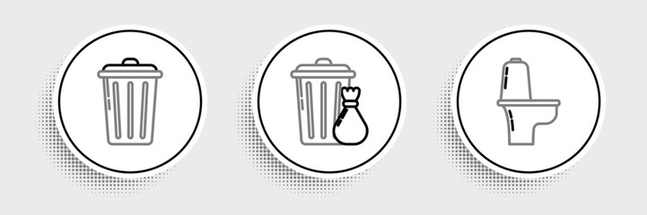 Set line Toilet bowl, Trash can and and garbage bag icon. Vector