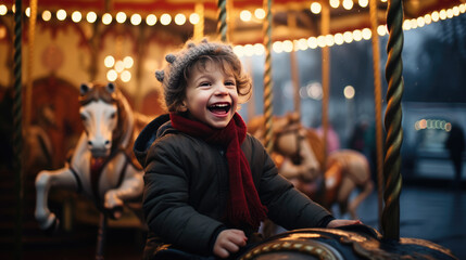 A child with curly hair is laughing joyfully while riding on a carousel horse, surrounded by the warm glow of lights at dusk.