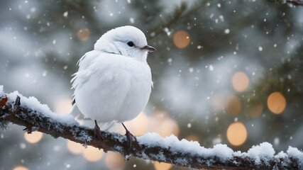 Little cute fluffy white bird on a branch under the snow at winter. Generative Ai