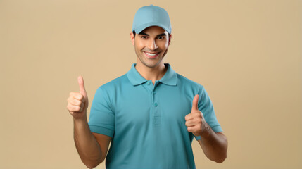 Naklejka premium Cheerful man in a blue polo shirt and cap, giving a thumbs-up, likely representing a friendly and approachable delivery service professional.