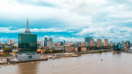 Aerial view of Ozumba Mbadiwe waterside buildings in Lagos © Wirestock