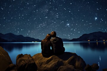 Lovers couple man and woman looking at night sky - Powered by Adobe