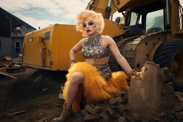 Stunningly fashionable drag queen posing at a construction site - obrazy, fototapety, plakaty