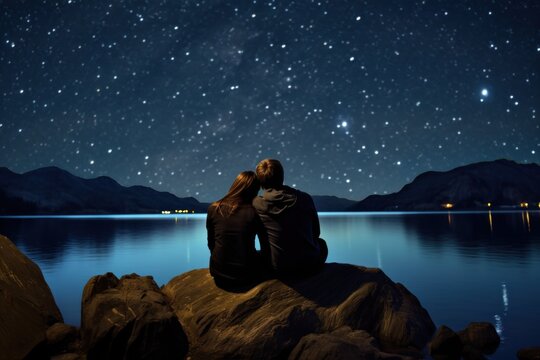 Lovers couple man and woman looking at night sky
