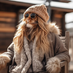 Fashion-Forward Feline: Cat in Sunglasses & Beanie Exudes Hipster Cool & Comfort - Whimsical Cat Dons Sunglasses & Fur-Lined Hood for Trendy Look
