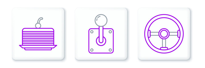 Set line Steering wheel, Cake and Joystick for arcade machine icon. Vector