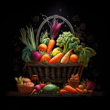 Panier en osier rempli de l&eacute;gumes d'automne style craie et dessin multicolore