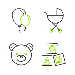 Set line ABC blocks, Teddy bear plush toy, Baby stroller and Balloons with ribbon icon. Vector